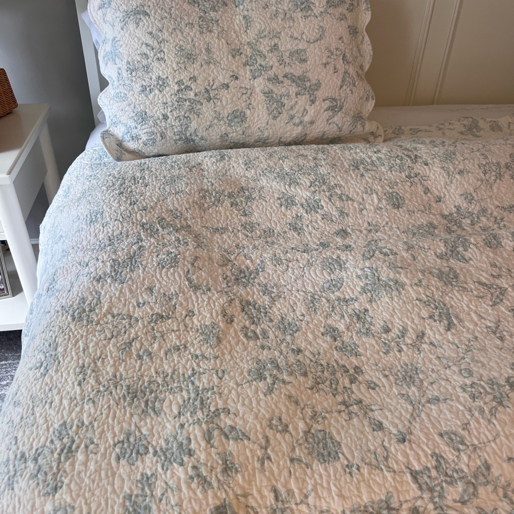 Elegant Floral Quilt Set in Blue and White